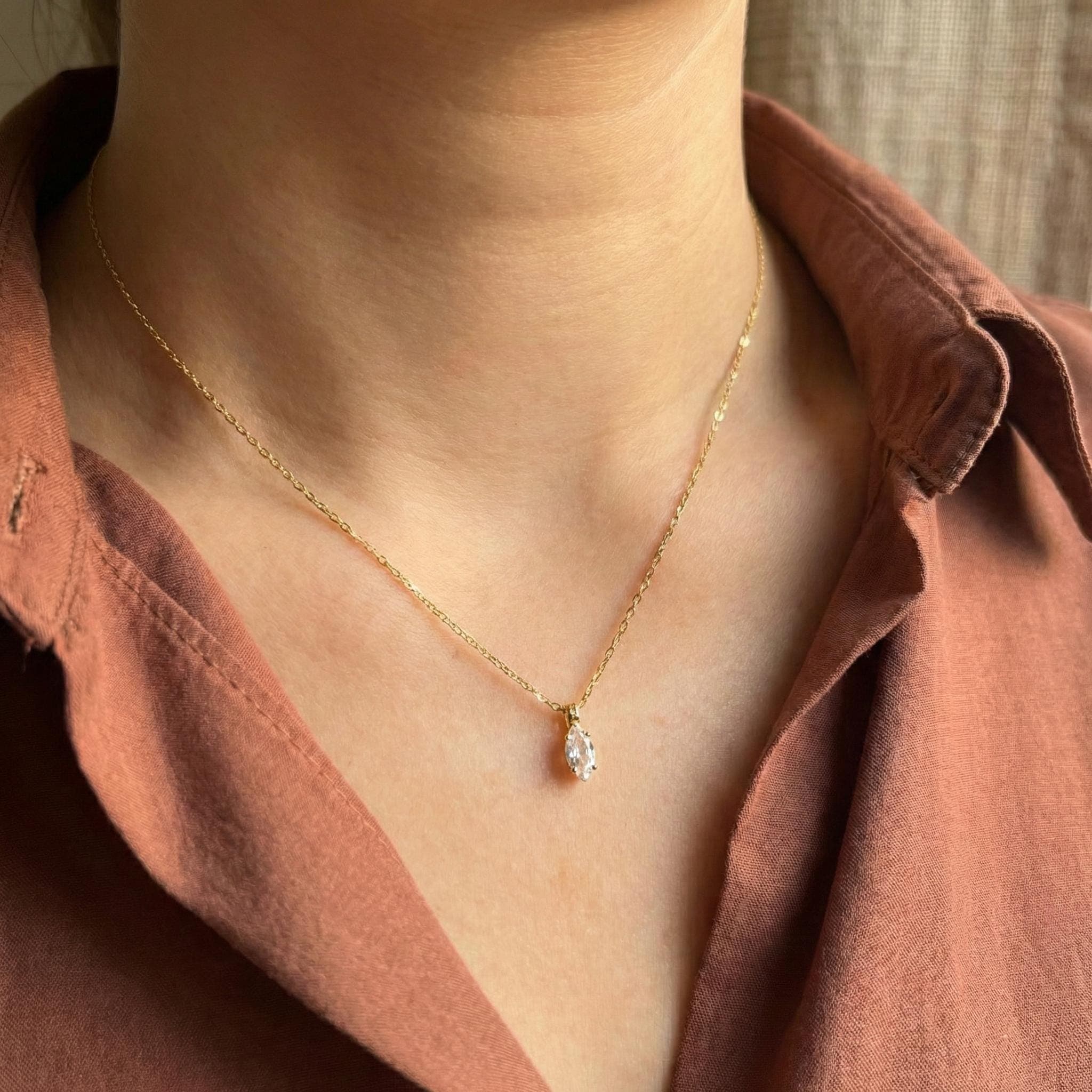 Minimal Gold Teardrop Crystal Necklace - Marquise Pendant on Gold Chain | Kreths Pearl Jewelry