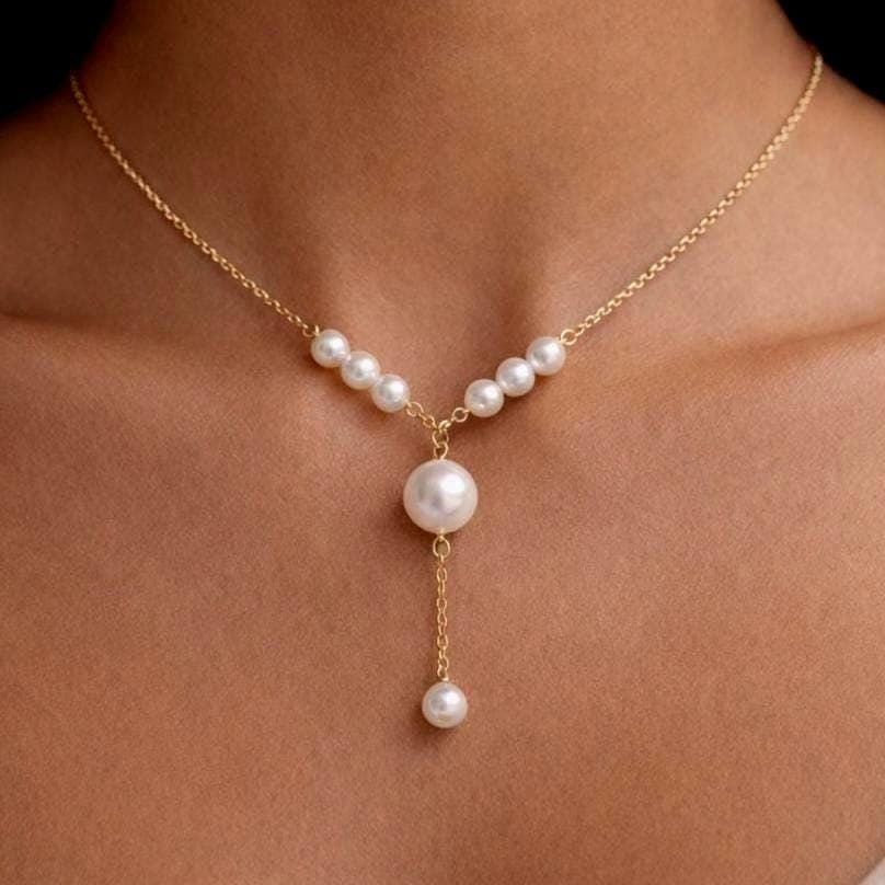 Gold Y-Lariat Pearl Necklace - Freshwater Pearl V-Shaped Lariat, Gold Chain | Kreths Pearl Jewelry