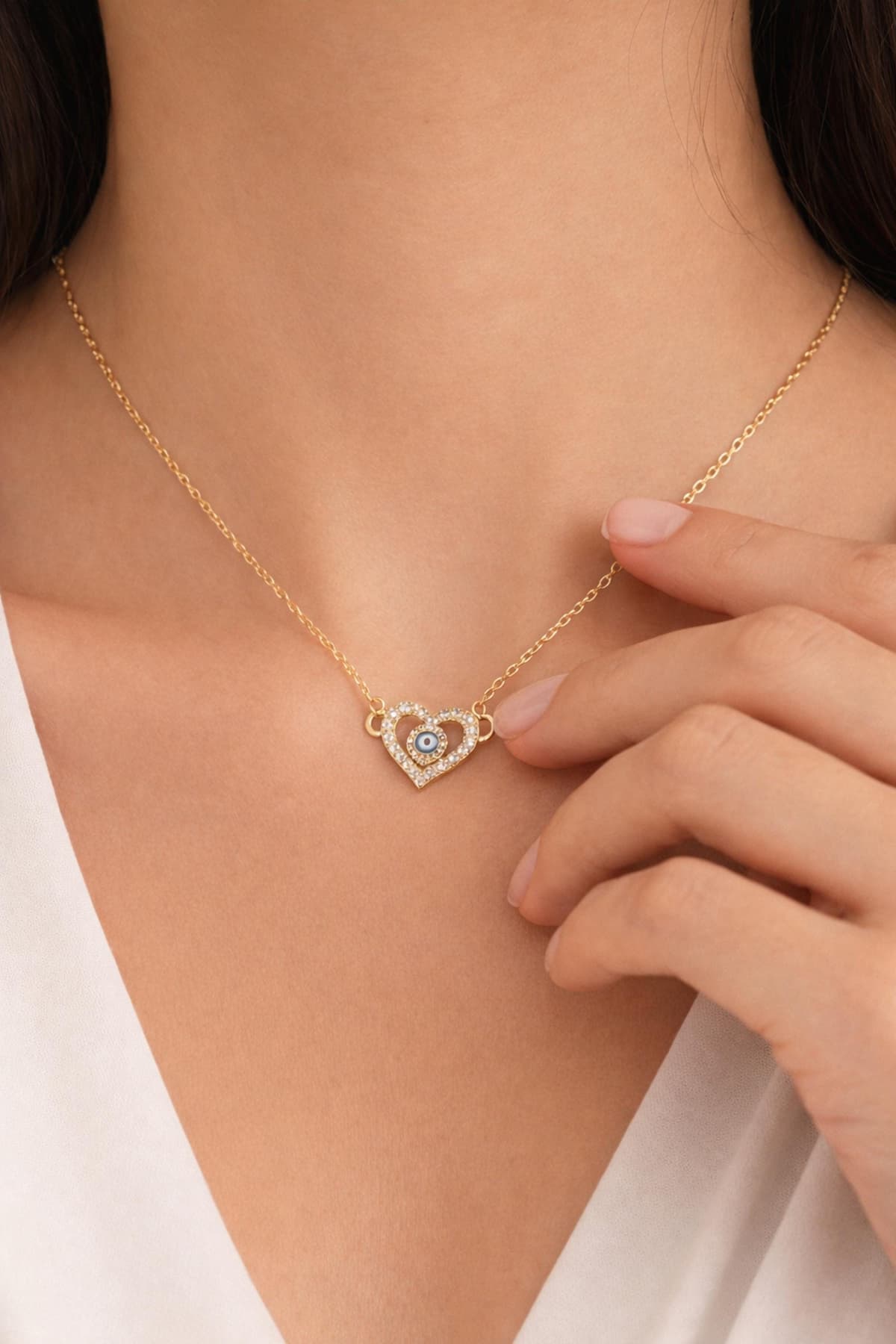 Dainty Gold Heart Necklace - Blue Evil Eye & CZ Pendant | Kreths Pearl Jewelry