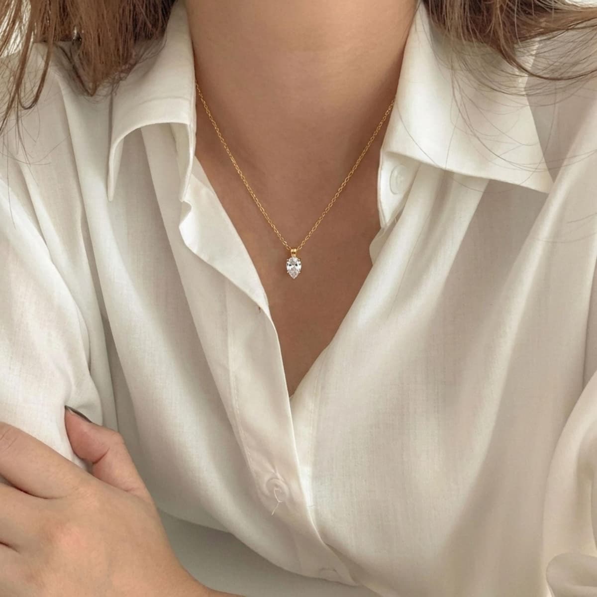 Minimal Teardrop CZ Necklace - Gold Pear-Shaped Solitaire Pendant | Kreths Pearl Jewelry