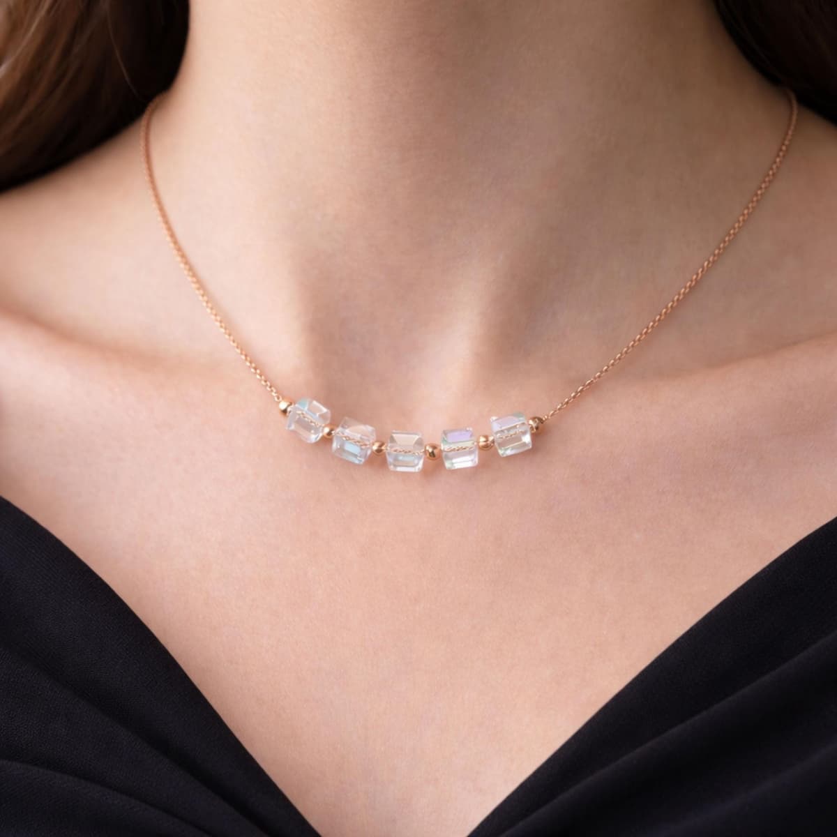 Minimalist Crystal Cube Necklace - Faceted Beads on Gold Chain | Kreths Pearl Jewelry