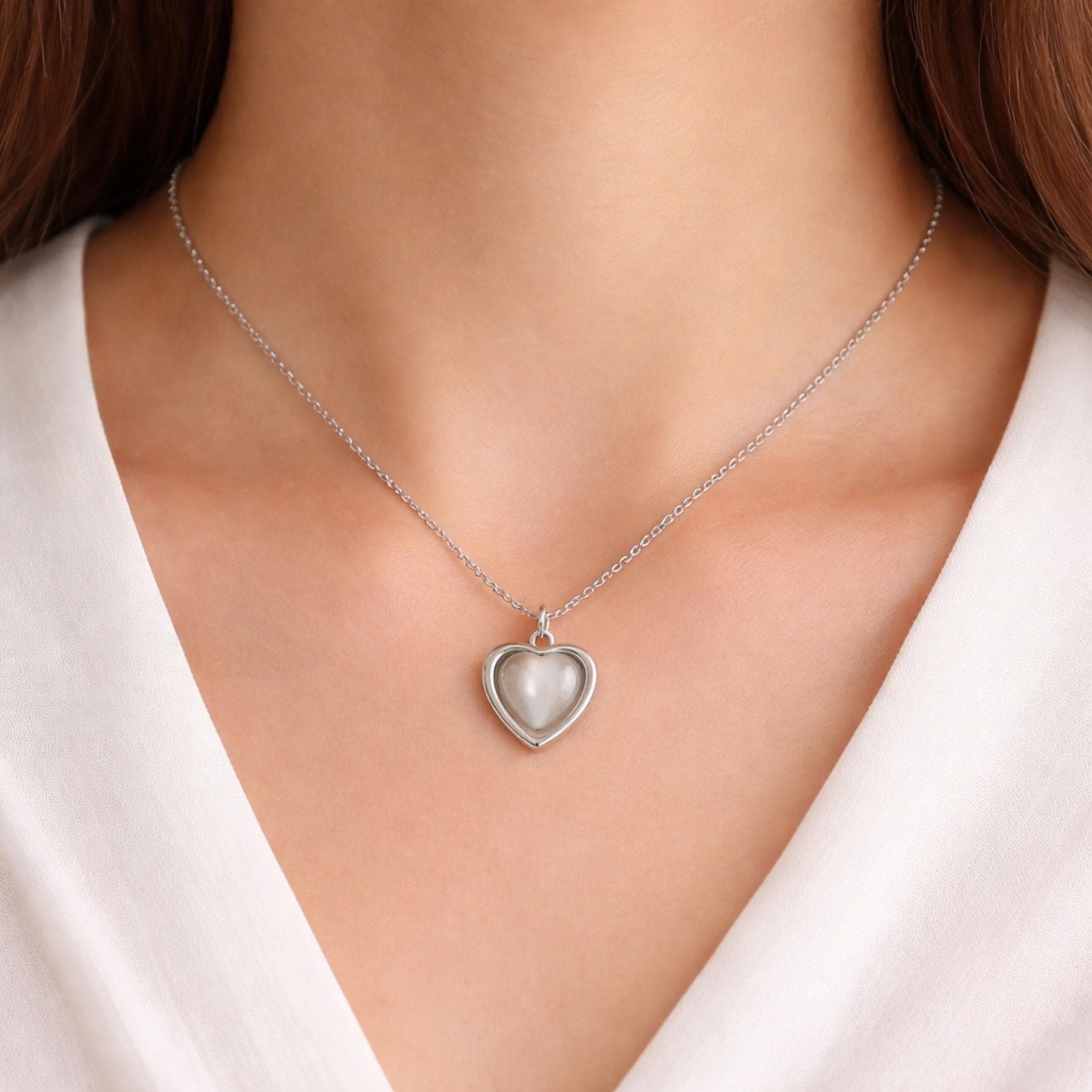 Heart Pendant Necklace - Silver Cat Eye Love Pendant | Kreths Pearl Jewelry