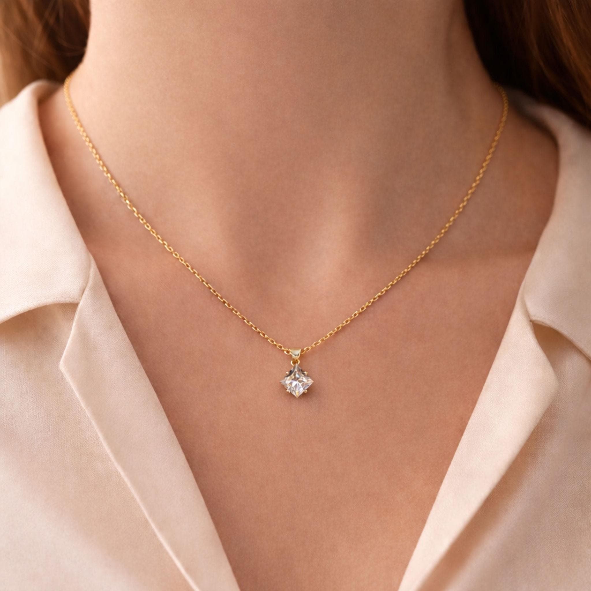 Minimal Gold Square CZ Necklace - Cubic Zirconia Solitaire Pendant | Kreths Pearl Jewelry